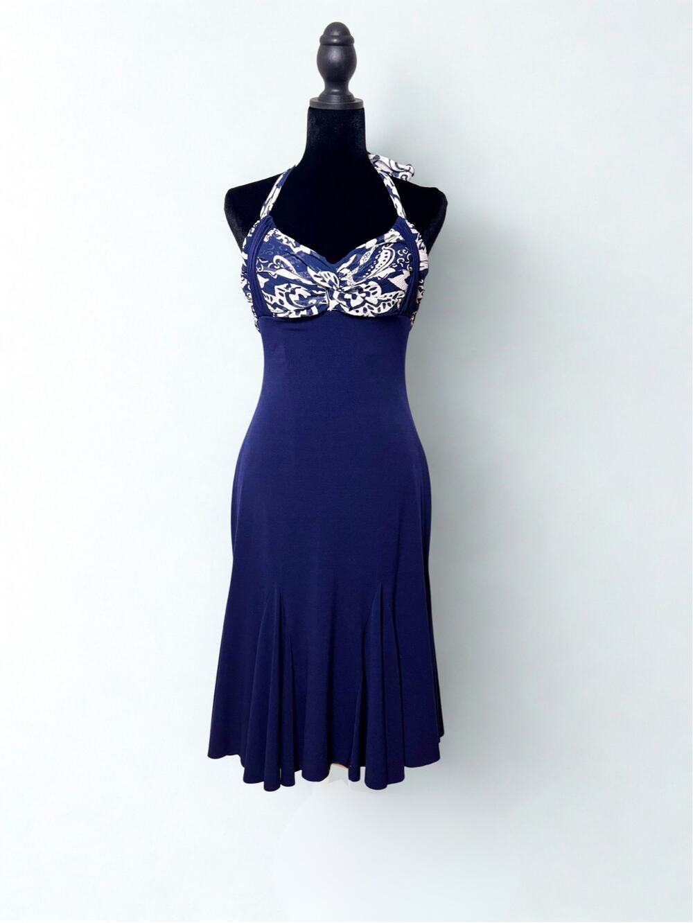 Vtg Y2K Cache Navy Milkmaid Dress White Paisley Silk Bust Halter Neckline